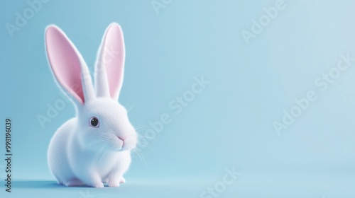 Adorable white rabbit on pastel blue background