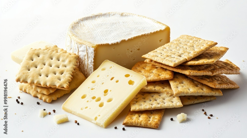Brie, Gruyere Cheese, and Crackers on a White Surface Brie, Gruyere Cheese, and Crackers on a White Surface