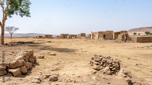 Weathered Mud Huts in Remote Desert Village Landscape