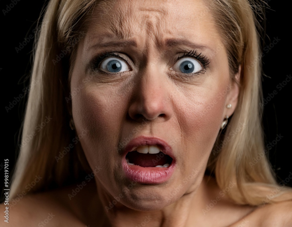 Person's face exhibiting fear, illustrating anxiety, concern, and emotional distress. Person's face exhibiting fear, illustrating anxiety, concern, and emotional distress.