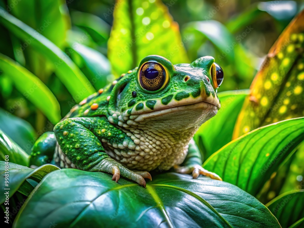 Vibrant African Green Toad Resting on Leaves in a Lush Tropical Environment Captured in Nature Vibrant African Green Toad Resting on Leaves in a Lush Tropical Environment Captured in Nature