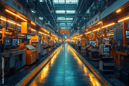 A long, empty factory floor with a line of machinery and yellow markings on the ground.