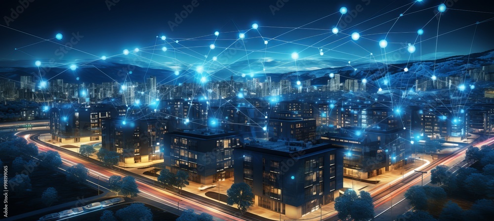 Fototapeta premium A futuristic city illuminated at night with digital connections across buildings and streets