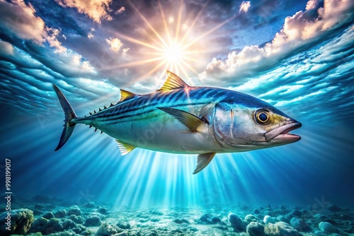 Vibrant Bonito Fish Swimming Gracefully in a Clear Blue Ocean Background Under Bright Sunlight