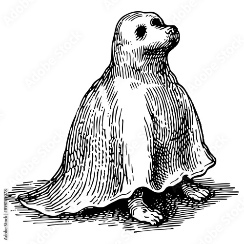 シーツを被ってお化けの真似をする犬の銅版画のベクターイラスト。