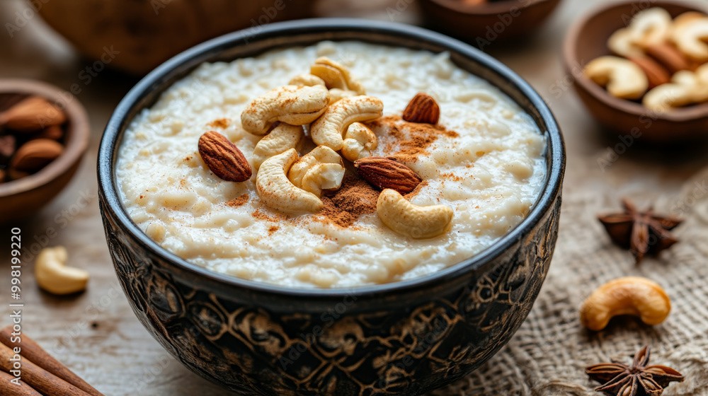 A bowl of rice pudding with cinnamon and cashews on the table, perfect for a web banner.
A bowl of rice pudding with cinnamon and cashews on the table, perfect for a web banner.
