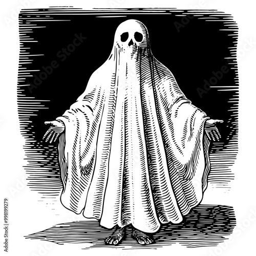 ハロウィンのお化けのシーツを被った人。銅版画のベクターイラスト。
