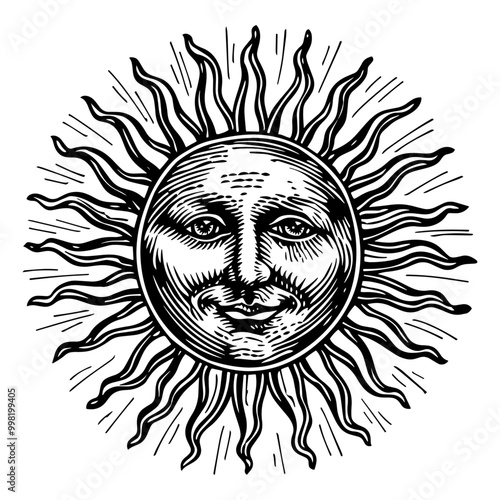 太陽の顔の銅版画のベクターイラスト。