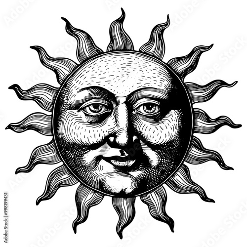 太陽の顔の銅版画のベクターイラスト。