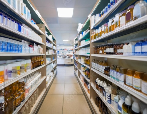 Pharmacy shelves stocked with medicine bottles, illustrating healthcare, pharmaceuticals, and medical supplies.