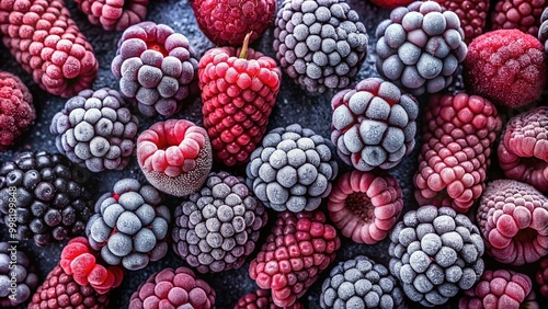 Vibrant frozen raspberries and blackberries overflow the frame, their icy textures and deep jewel-toned hues glistening in the light, perfect for winter recipes and desserts.