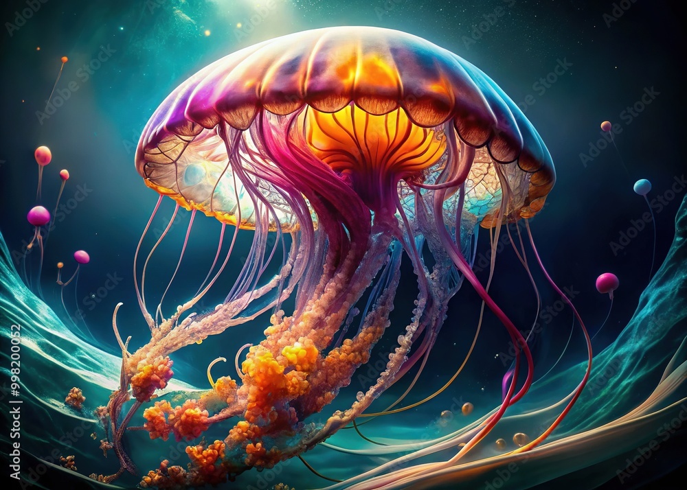 Naklejka premium Vibrant Jellyfish Illustrations Showcasing Intricate Details of Underwater Creatures in Motion