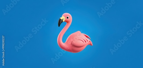 A single, pink flamingo stands tall against a blue background, facing right and slightly tilted, with its neck and beak extended, creating a striking visual effect