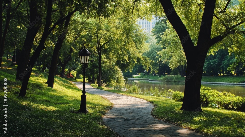 Naklejka premium City Park with Green Trees, Path, River, and Business Center Backdrop