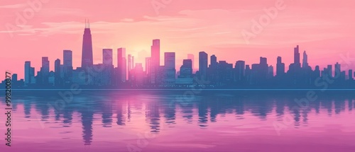Wallpaper Mural City Silhouette with Skyscrapers at Sunset in Pink and Blue Tones Torontodigital.ca