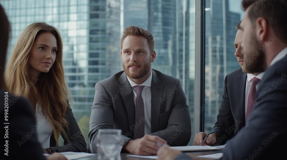 Fototapeta premium Professional business team in corporate office setting, featuring confident executives in formal suits, engaged in discussions with modern skyscrapers in the background,