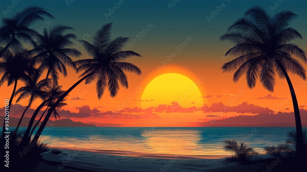 Beach Sunset with Palm Trees and Vibrant Orange Sky Beach Sunset with Palm Trees and Vibrant Orange Sky