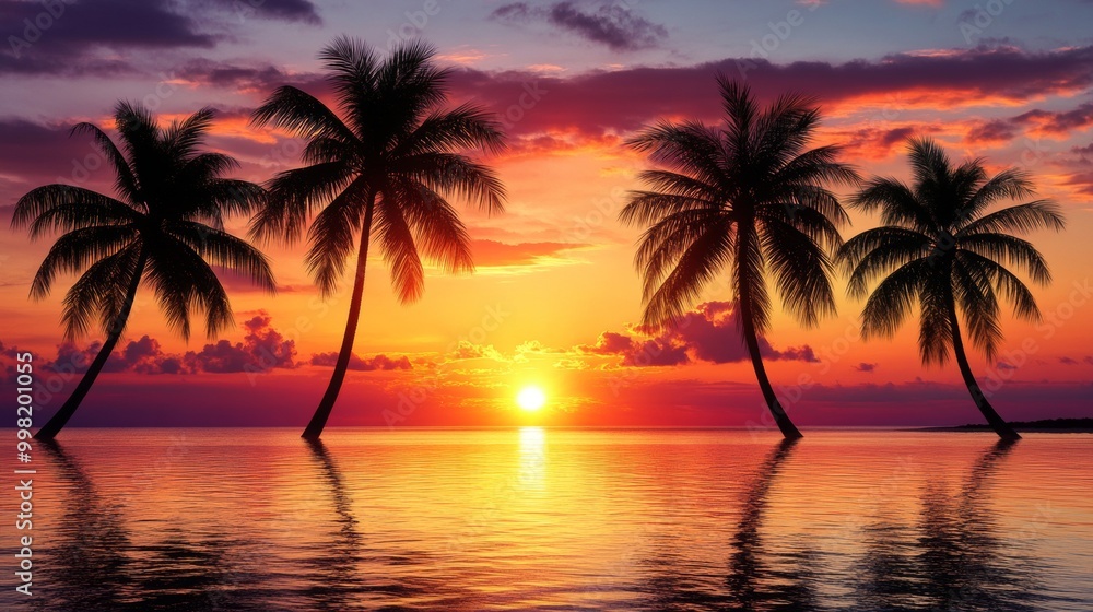 Beach Sunset with Palm Trees and Vibrant Orange Sky Beach Sunset with Palm Trees and Vibrant Orange Sky