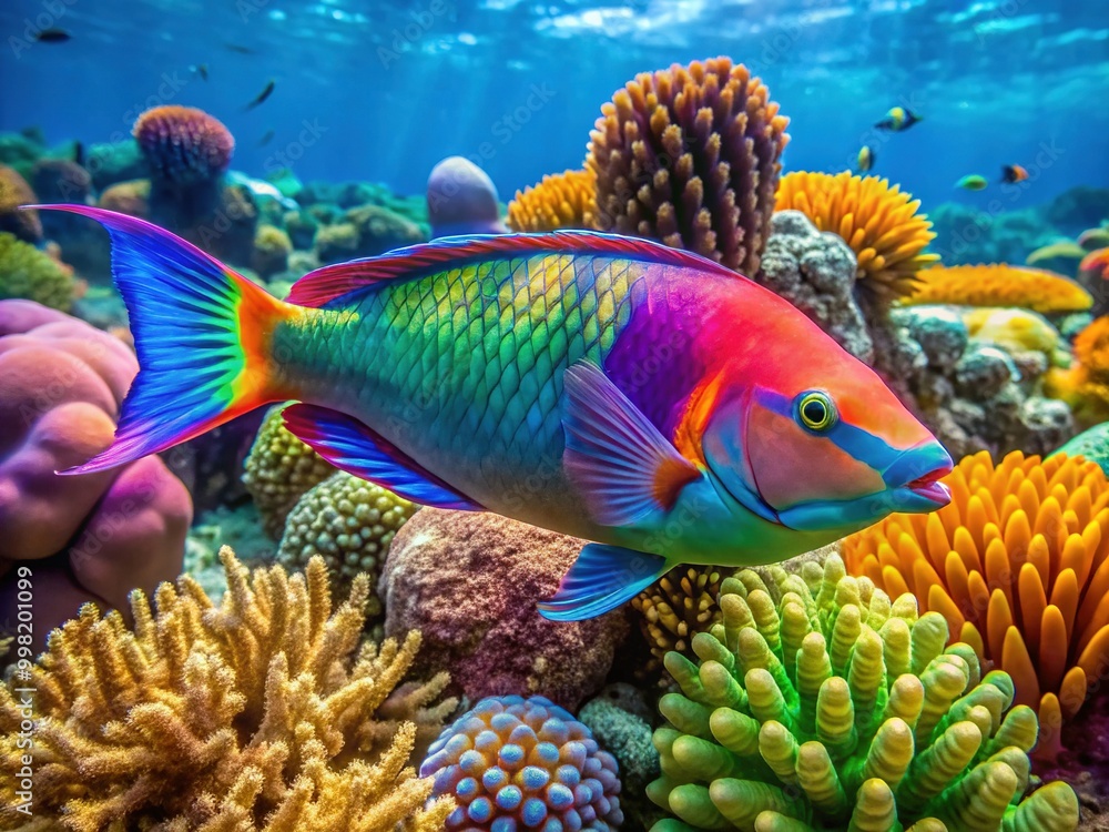 Naklejka premium Vibrant Parrot Fish Swimming Gracefully in Clear Freshwater Habitat Surrounded by Colorful Coral