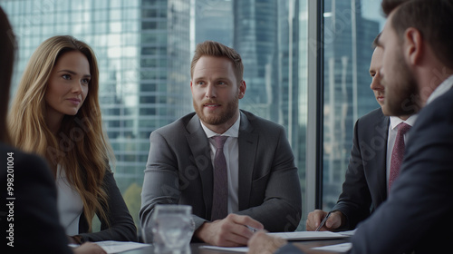 Professional business team in corporate office setting, featuring confident executives in formal suits, engaged in discussions with modern skyscrapers in the background,