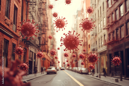 Viruses floating in the air against city scene, concept of viral transmission in urban environments.