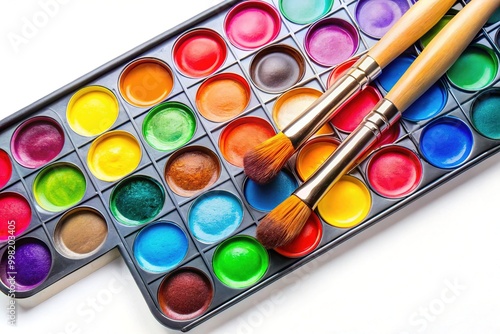 Vibrant Watercolor Paint Palette with Assorted Colors and Brushes on a White Background for Artists