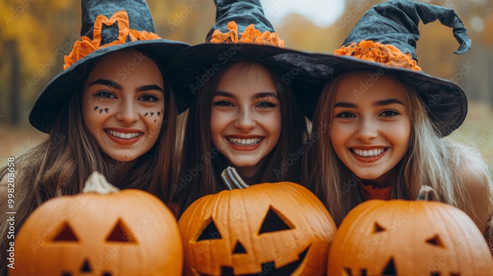 Fototapeta premium Halloween Celebrations with Witches and Pumpkins in an Autumn Forest Setting