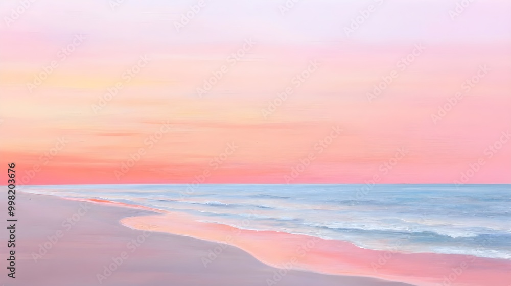A beach at sunrise with the sky glowing in shades of pink and orange A beach at sunrise with the sky glowing in shades of pink and orange