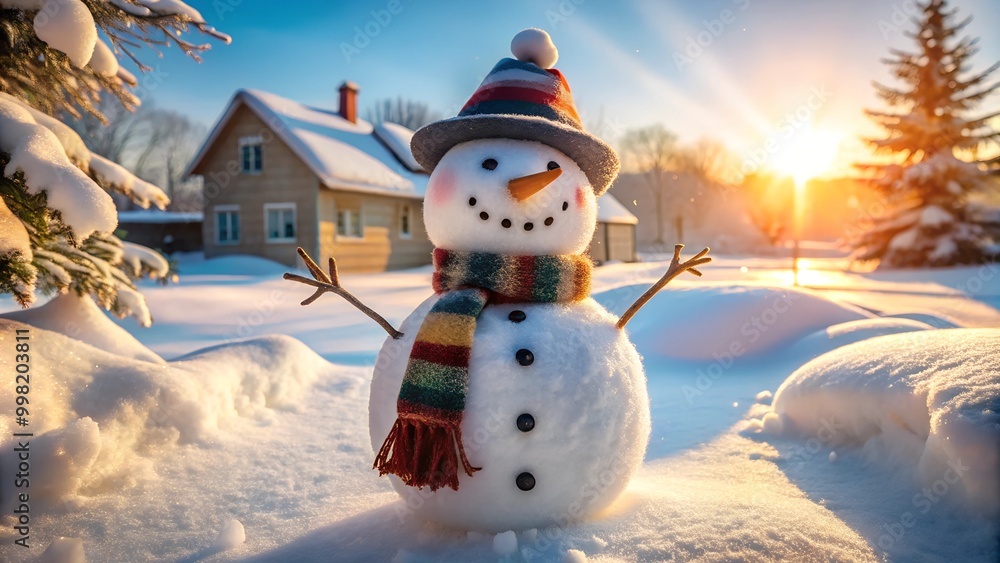 Obraz premium Smiling Snowman with Hat and Scarf Under Falling Snowflakes