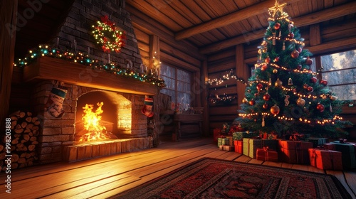 Festive scene with a roaring fireplace and a Christmas tree full of colorful lights and decorations in a cozy wooden house, perfect for the holiday season.