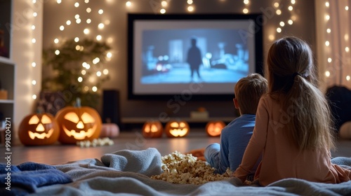 Family Halloween movie night, cozy living room with blankets and popcorn, kids in pajamas watching a spooky film, jack-o'-lanterns glowing nearby
