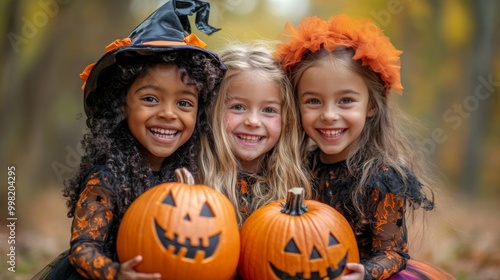 Halloween Celebrations with Witches and Pumpkins in an Autumn Forest Setting