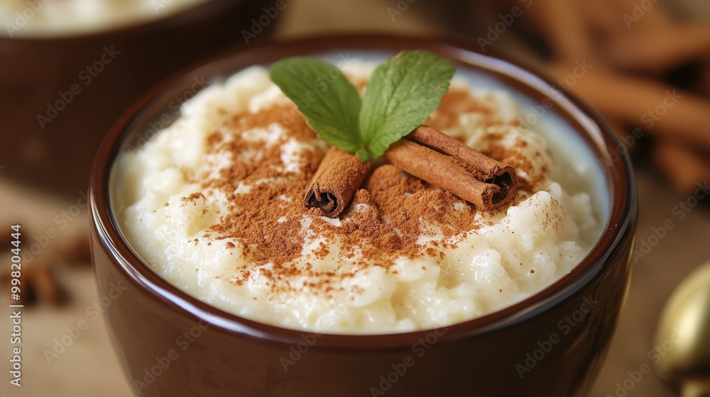 Traditional Portuguese rice pudding garnished with cinnamon.
Traditional Portuguese rice pudding garnished with cinnamon.
