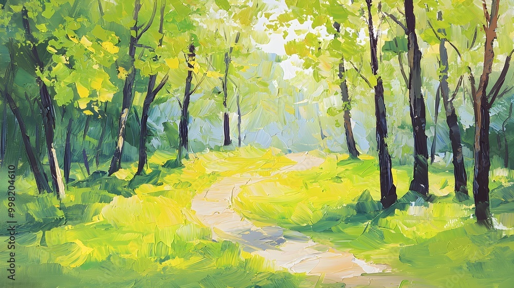 A lush green forest with a winding trail leading through the trees A lush green forest with a winding trail leading through the trees