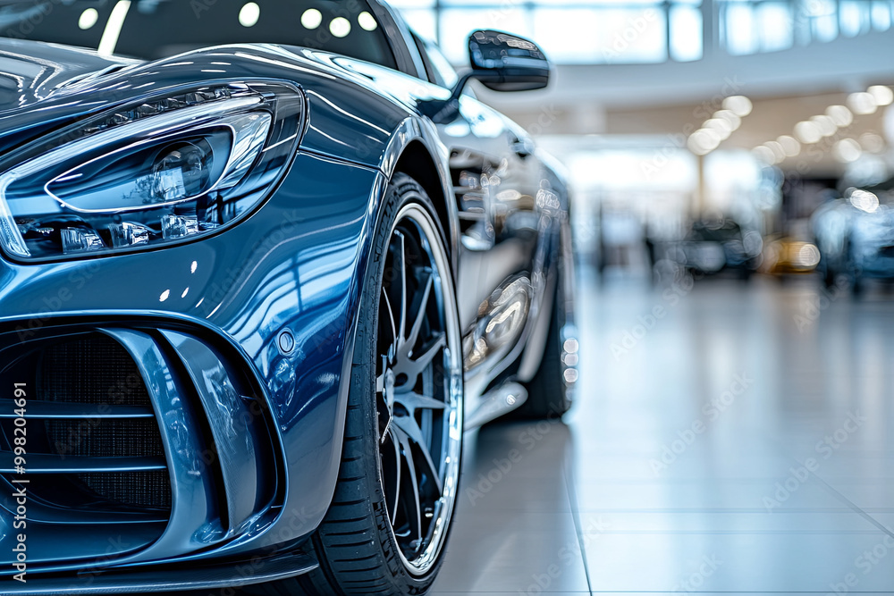 Luxury car with custom rims and detailing in a showroom Luxury car with custom rims and detailing in a showroom