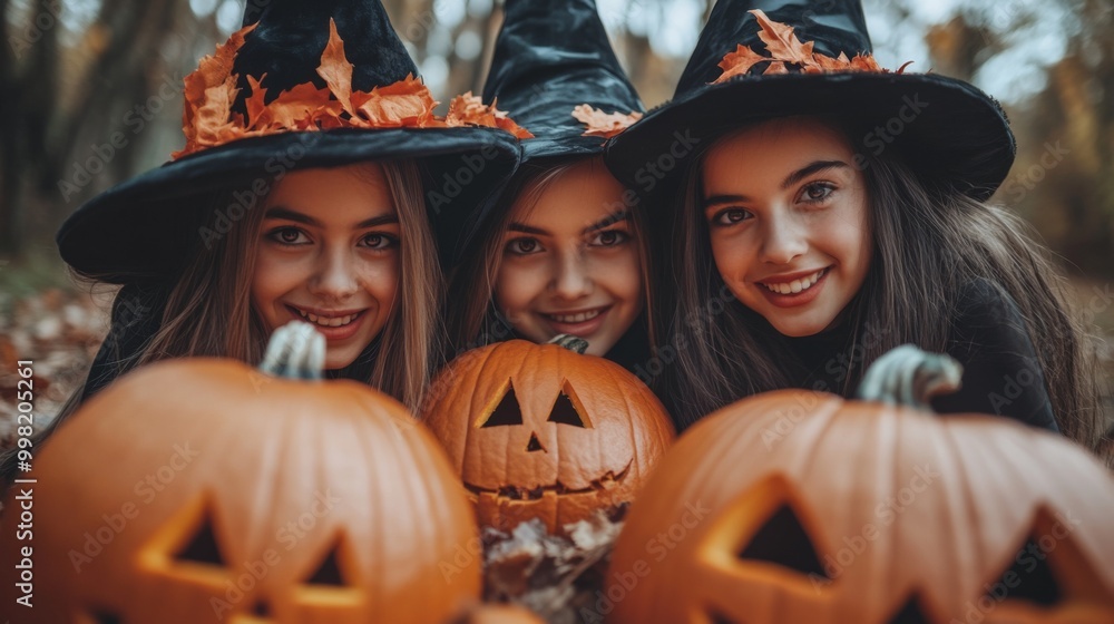 Halloween Celebrations with Witches and Pumpkins in an Autumn Forest Setting Halloween Celebrations with Witches and Pumpkins in an Autumn Forest Setting