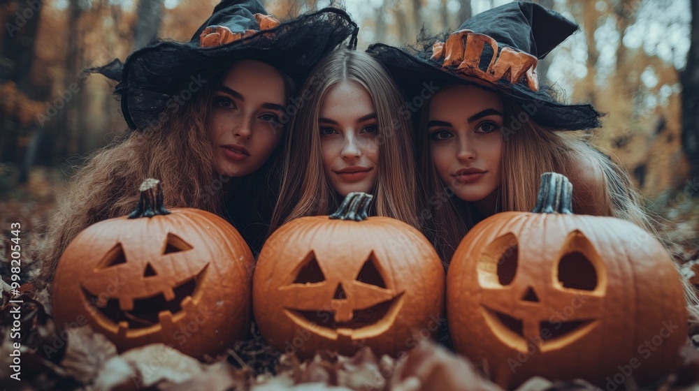 Halloween Celebrations with Witches and Pumpkins in an Autumn Forest Setting Halloween Celebrations with Witches and Pumpkins in an Autumn Forest Setting
