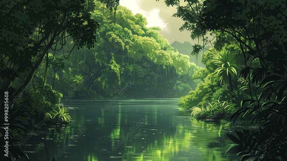 A tranquil river flows through a lush green jungle, with sunlight dappling through the dense foliage. A tranquil river flows through a lush green jungle, with sunlight dappling through the dense foliage.