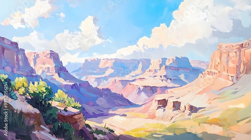 A panoramic view of the Grand Canyon with layers of color and depth