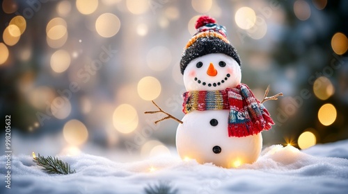 A snowman with a red scarf and a black hat is standing in the snow