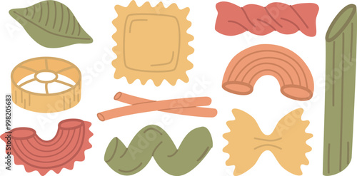 Set of different colorful pasta types. Vector illustration of cute food elements 