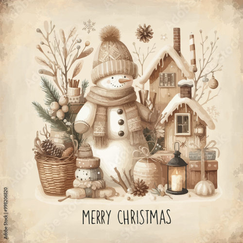 Watercolor snowman with christmas giftbox vector illustration.