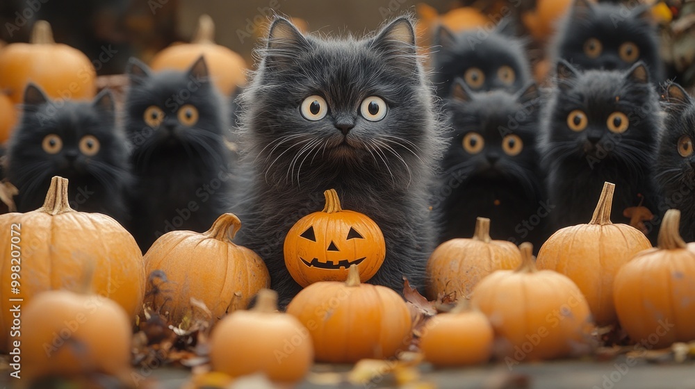 A black cat is holding a pumpkin in front of a pile of pumpkins A black cat is holding a pumpkin in front of a pile of pumpkins