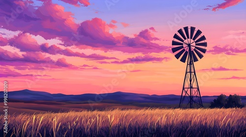 A quiet, rural landscape with a windmill standing tall against the evening sky