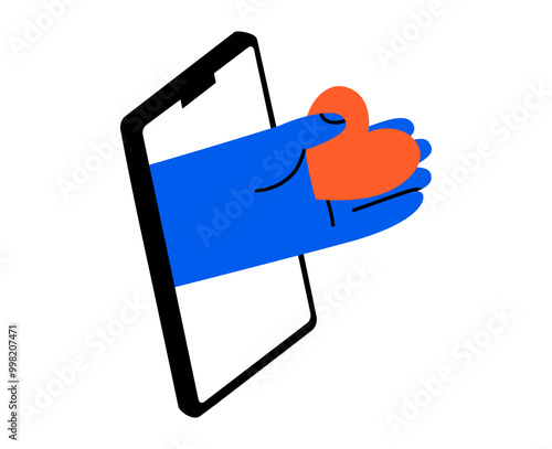 Hand drawn cute cartoon illustration hand from phone screen with heart. Flat vector love and help to charity doodle. Online relationships. Social media addiction icon. Donation, volunteer. Isolated.