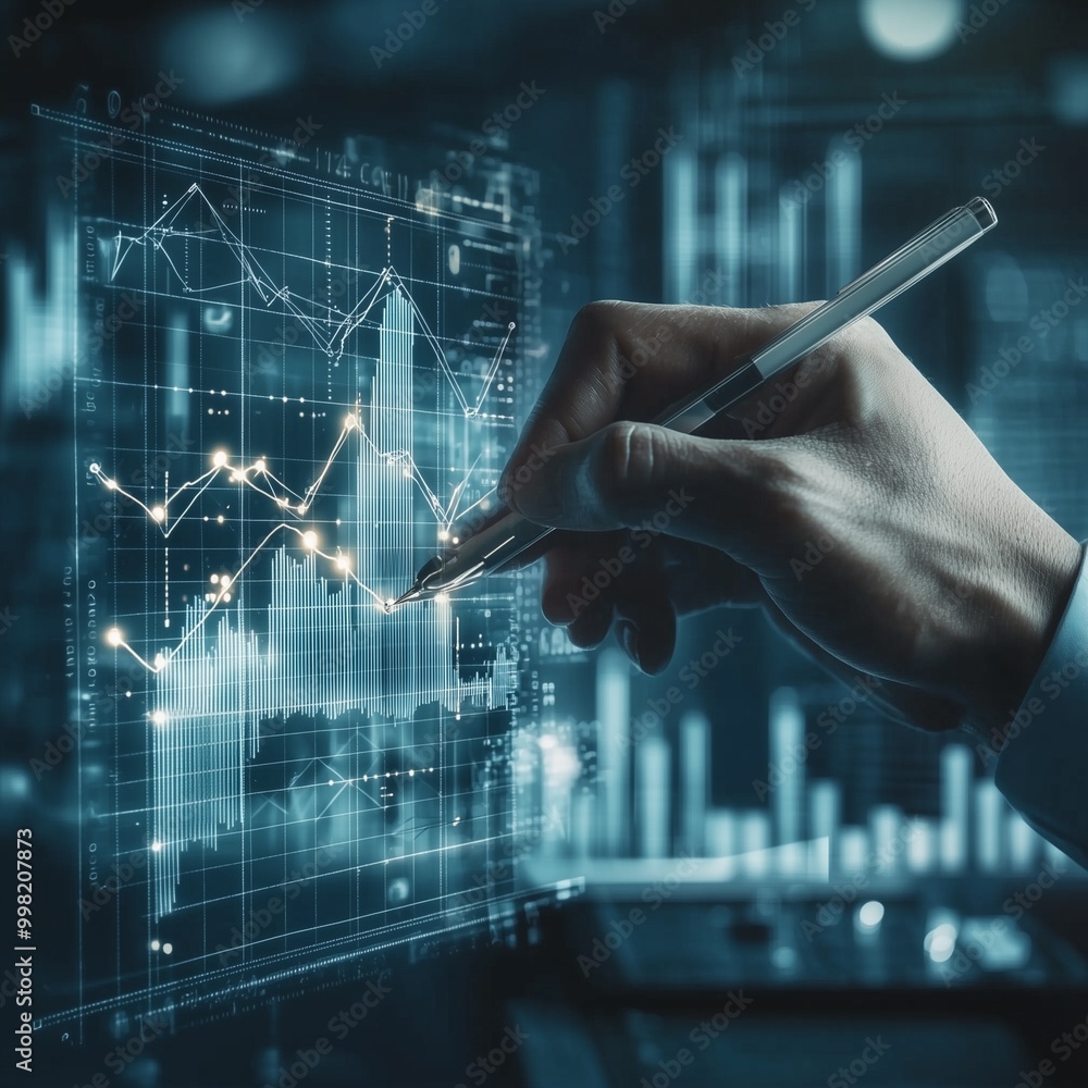 Businessman draw growth graph and progress of business and analyzing financial and investment data business planning and strategy on blue background. Businessman draw growth graph and progress of business and analyzing financial and investment data business planning and strategy on blue background.