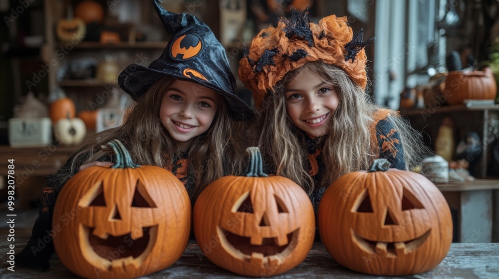 Halloween Celebrations with Witches and Pumpkins in an Autumn Forest Setting Halloween Celebrations with Witches and Pumpkins in an Autumn Forest Setting