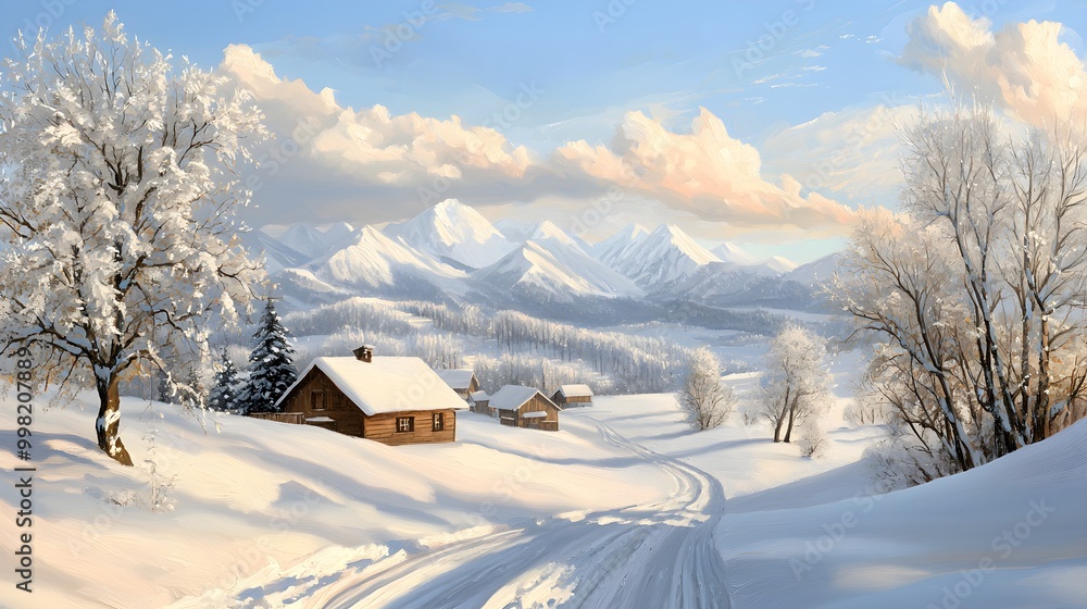 A snowy landscape with a small village nestled among the trees and distant mountains A snowy landscape with a small village nestled among the trees and distant mountains