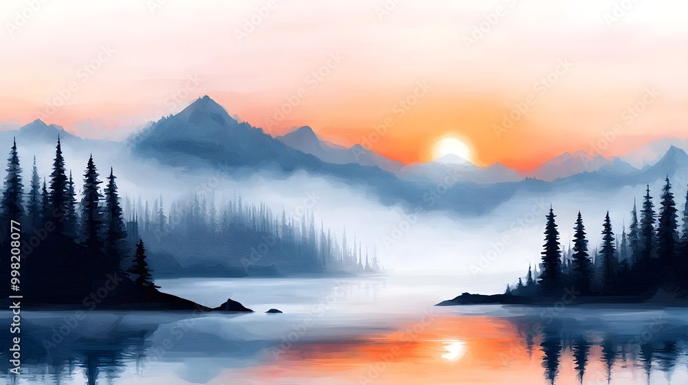 Fototapeta premium A sunrise over a misty lake with soft light illuminating the surrounding trees