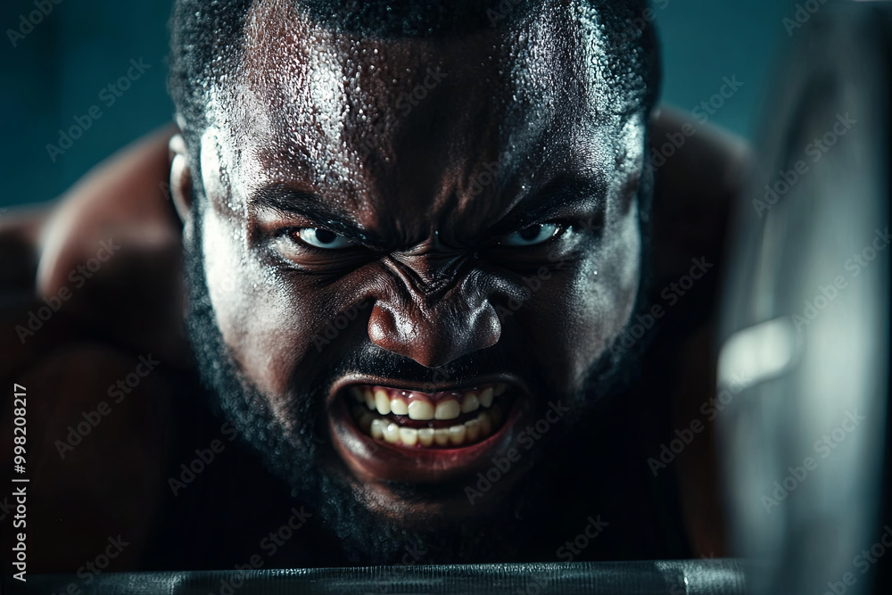 Close-up of a powerful weightlifter in the middle of a lift, teeth gritted Close-up of a powerful weightlifter in the middle of a lift, teeth gritted